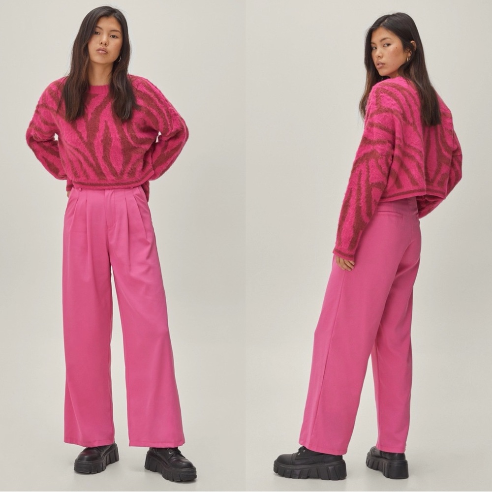 NEW Nasty Gal Hot Pink Tailored High Waisted Wide Leg Pants Size 10 - Picture 1 of 7